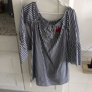 Grey and White striped dress with a Rose